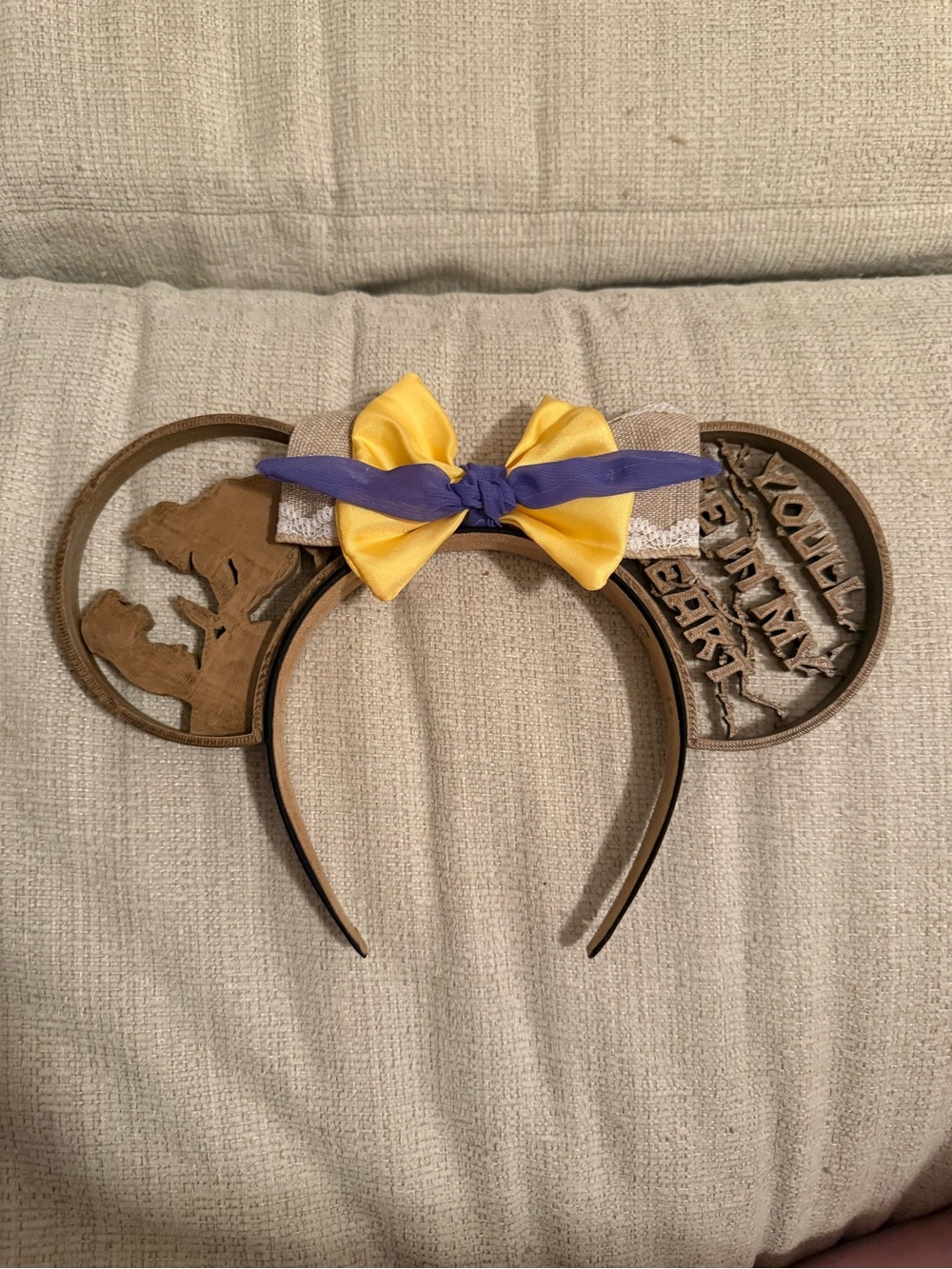 Disney Brown Wooden Safari Ear Headband with Yellow and Purple Bow